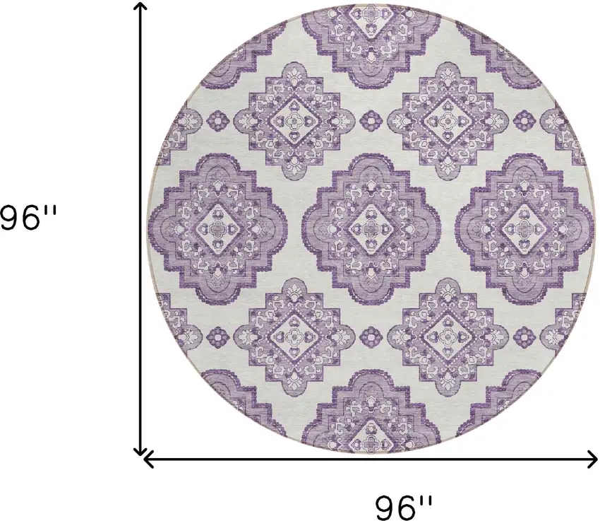 8' Lavender And Ivory Round Medallion Washable Indoor Outdoor Area Rug Photo 3