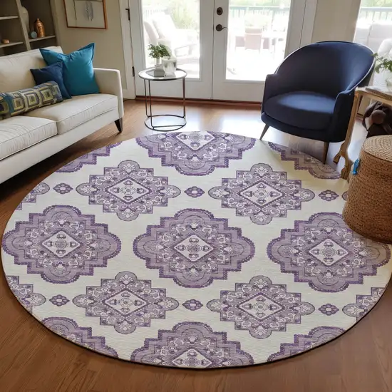 8' Lavender And Ivory Round Medallion Washable Indoor Outdoor Area Rug Photo 7