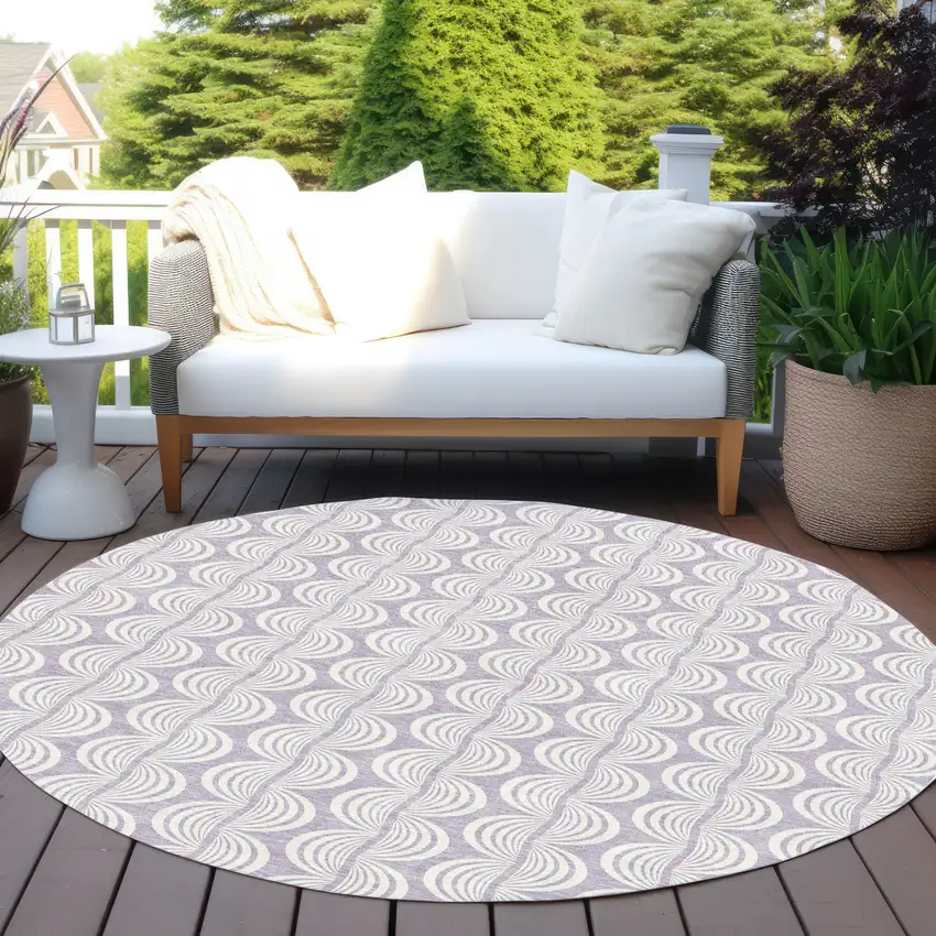 8' Lavender And Ivory Round Ogee Washable Indoor Outdoor Area Rug Photo 6