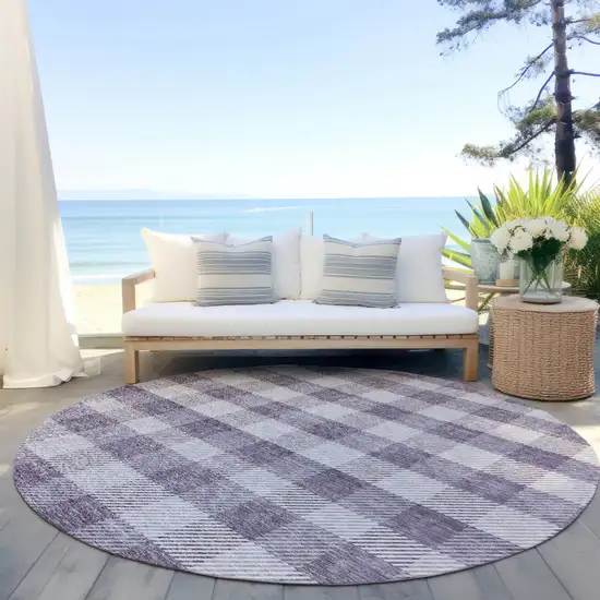 8' Lavender And Ivory Round Plaid Washable Indoor Outdoor Area Rug Photo 6