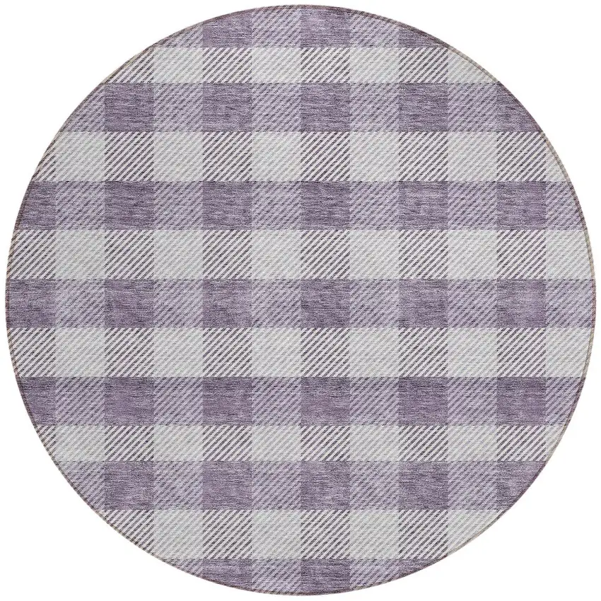 8' Lavender And Ivory Round Plaid Washable Indoor Outdoor Area Rug Photo 5