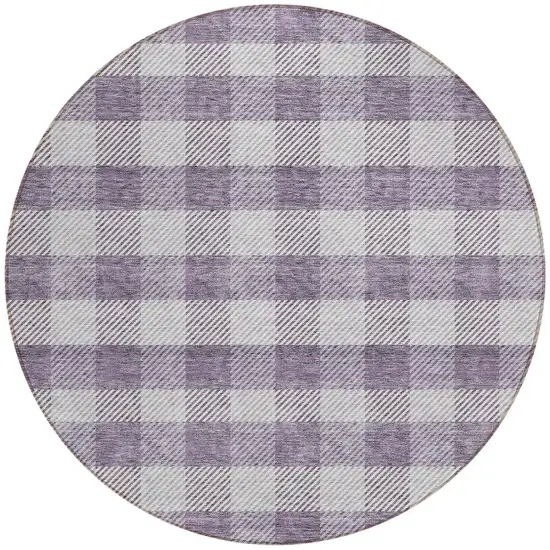 8' Lavender And Ivory Round Plaid Washable Indoor Outdoor Area Rug Photo 5