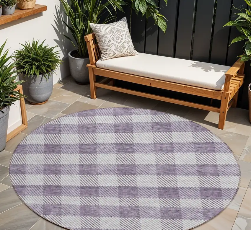 8' Lavender And Ivory Round Plaid Washable Indoor Outdoor Area Rug Photo 1