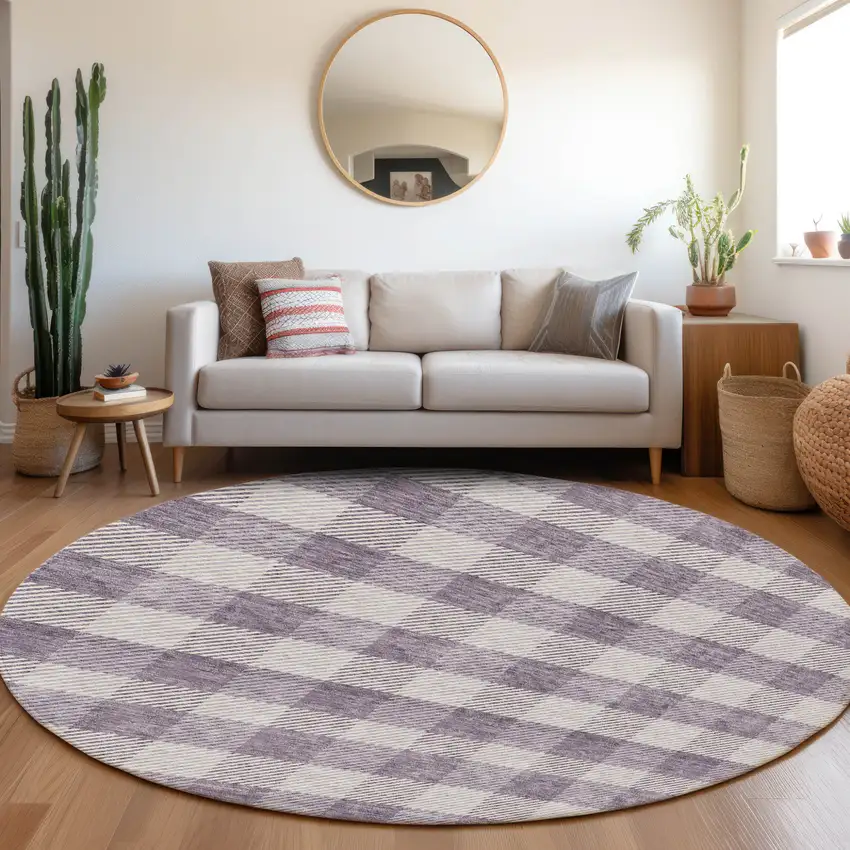 8' Lavender And Ivory Round Plaid Washable Indoor Outdoor Area Rug Photo 7