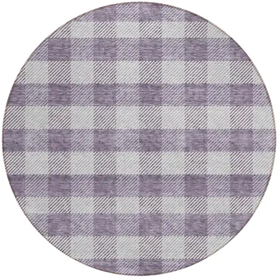 8' Lavender And Ivory Round Plaid Washable Indoor Outdoor Area Rug Photo 2
