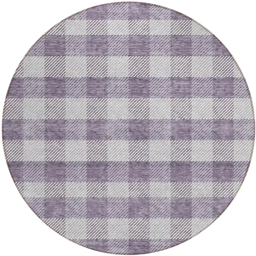 8' Lavender And Ivory Round Plaid Washable Indoor Outdoor Area Rug Photo 2
