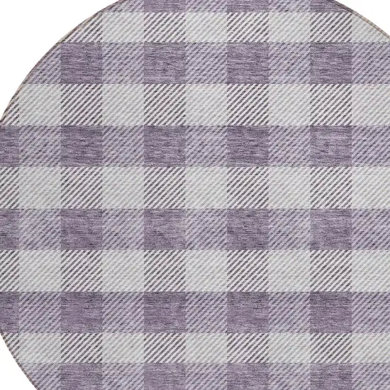 8' Lavender And Ivory Round Plaid Washable Indoor Outdoor Area Rug Photo 4