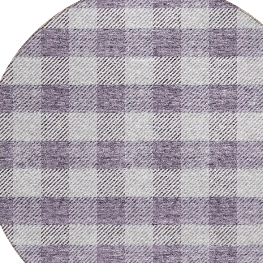 8' Lavender And Ivory Round Plaid Washable Indoor Outdoor Area Rug Photo 4