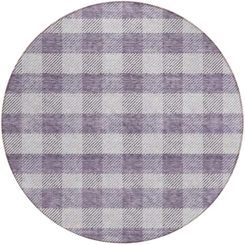 8' Lavender And Ivory Round Plaid Washable Indoor Outdoor Area Rug Photo 2