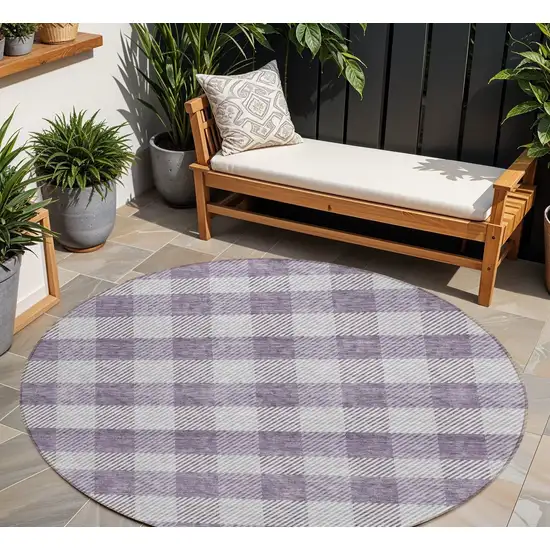 8' Lavender And Ivory Round Plaid Washable Indoor Outdoor Area Rug Photo 1