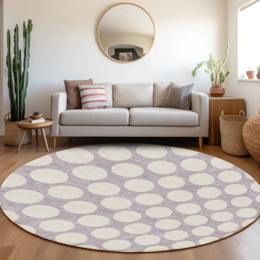 8' Lavender And Ivory Round Polka Dot Washable Indoor Outdoor Area Rug Photo 7
