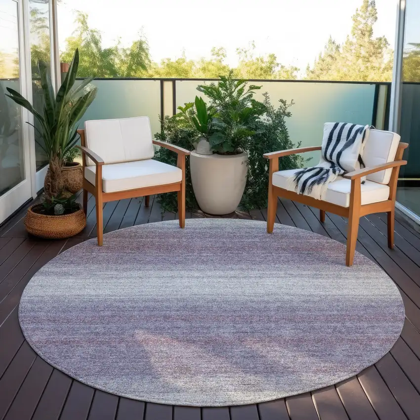 8' Lavender And Ivory Round Striped Washable Indoor Outdoor Area Rug Photo 6