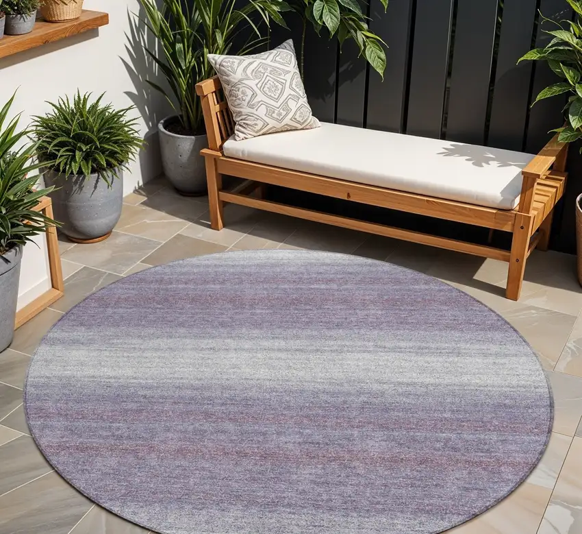 8' Lavender And Ivory Round Striped Washable Indoor Outdoor Area Rug Photo 1