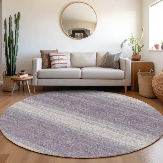 8' Lavender And Ivory Round Striped Washable Indoor Outdoor Area Rug Photo 7
