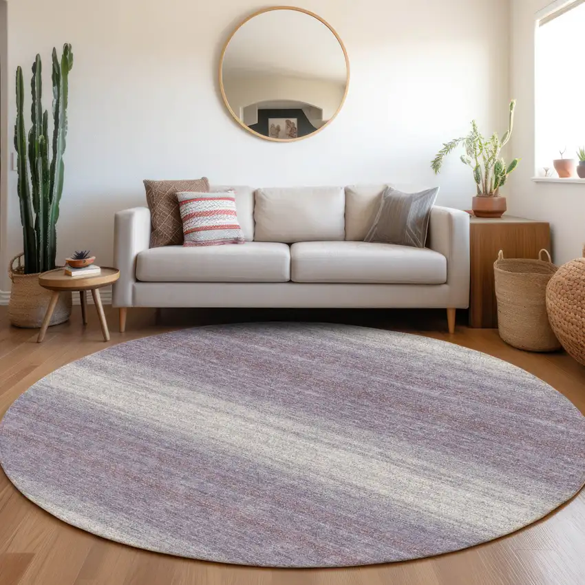 8' Lavender And Ivory Round Striped Washable Indoor Outdoor Area Rug Photo 7