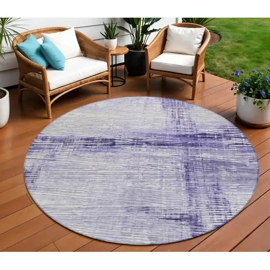 8' Lavender And Ivory Round Striped Washable Indoor Outdoor Area Rug Photo 2