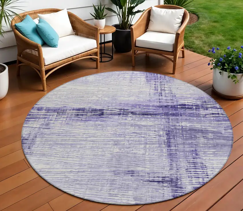 8' Lavender And Ivory Round Striped Washable Indoor Outdoor Area Rug Photo 2