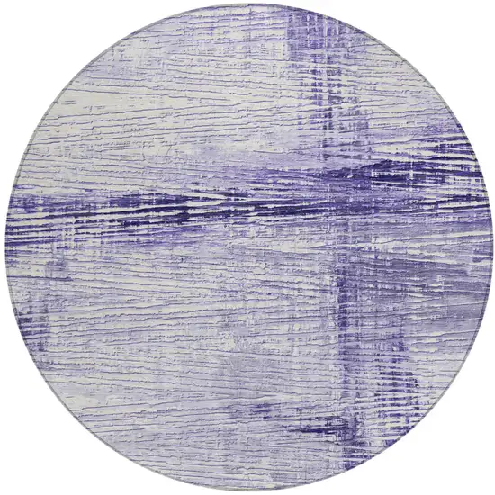 8' Lavender And Ivory Round Striped Washable Indoor Outdoor Area Rug Photo 1