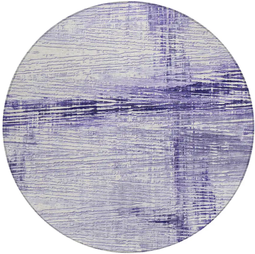 8' Lavender And Ivory Round Striped Washable Indoor Outdoor Area Rug Photo 1