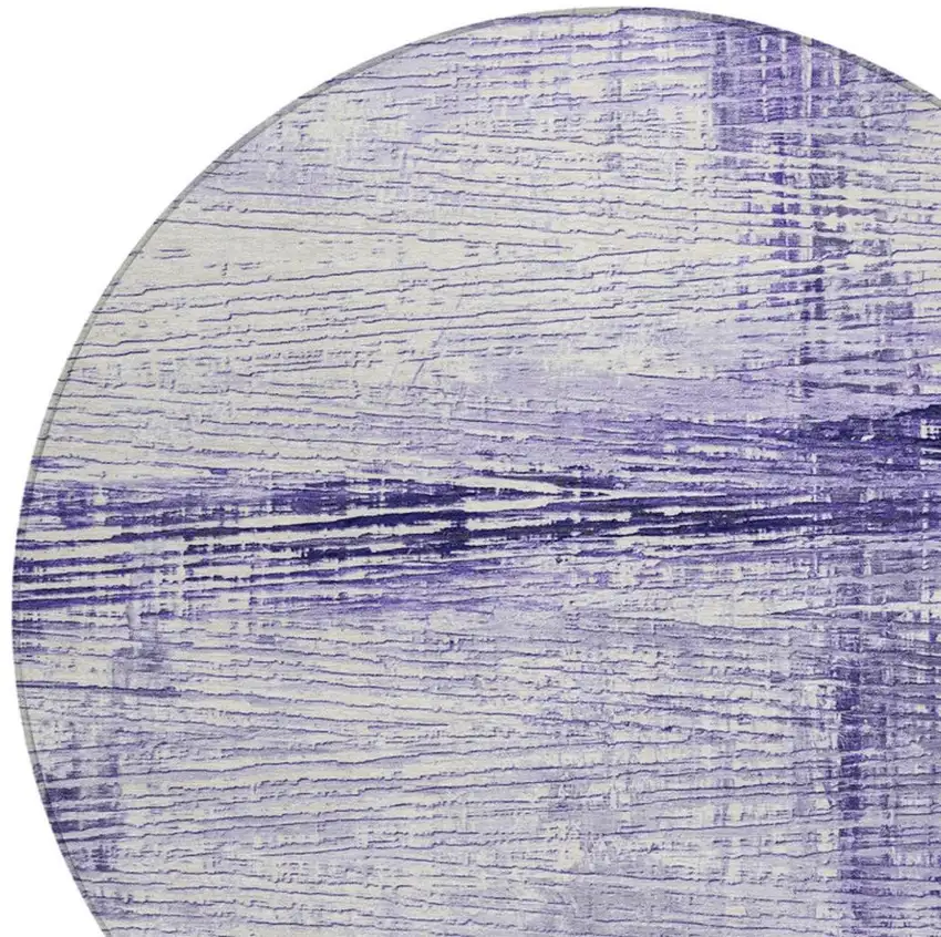 8' Lavender And Ivory Round Striped Washable Indoor Outdoor Area Rug Photo 8