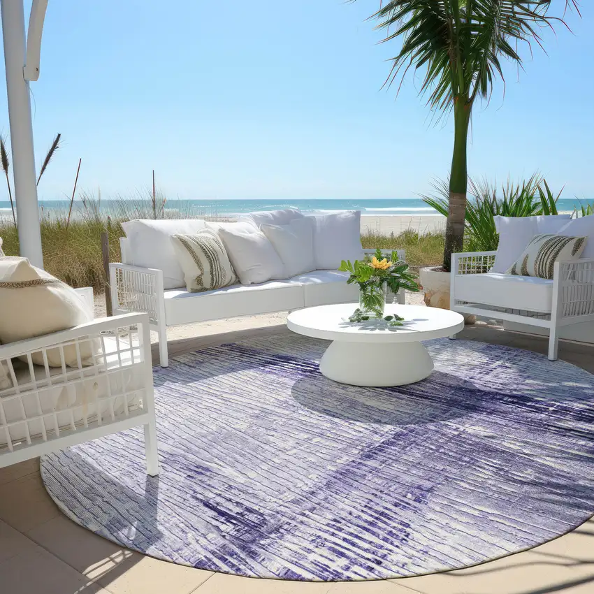 8' Lavender And Ivory Round Striped Washable Indoor Outdoor Area Rug Photo 5