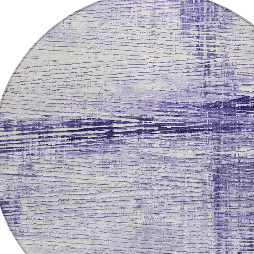 8' Lavender And Ivory Round Striped Washable Indoor Outdoor Area Rug Photo 4