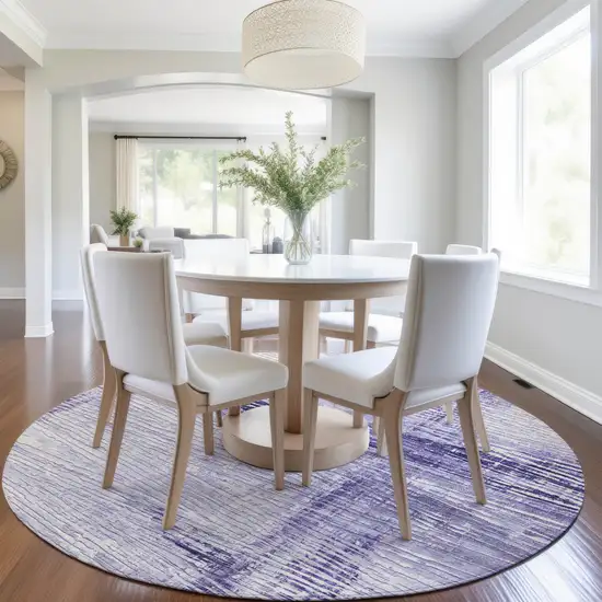 8' Lavender And Ivory Round Striped Washable Indoor Outdoor Area Rug Photo 6