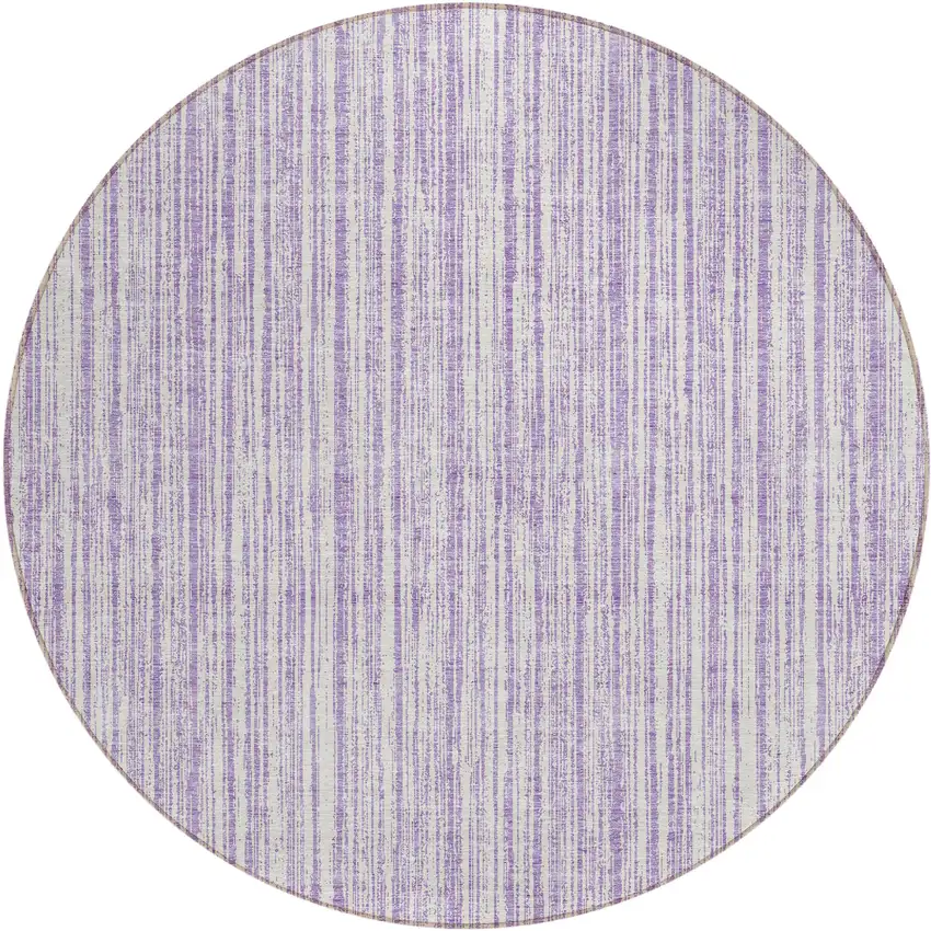 8' Lavender And Ivory Round Striped Washable Indoor Outdoor Area Rug Photo 1