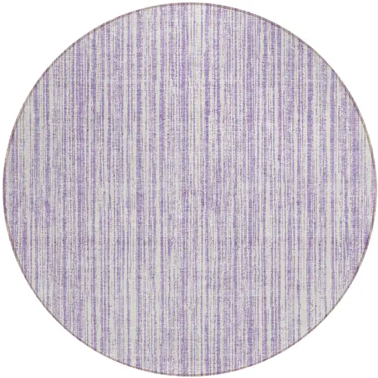 8' Lavender And Ivory Round Striped Washable Indoor Outdoor Area Rug Photo 1