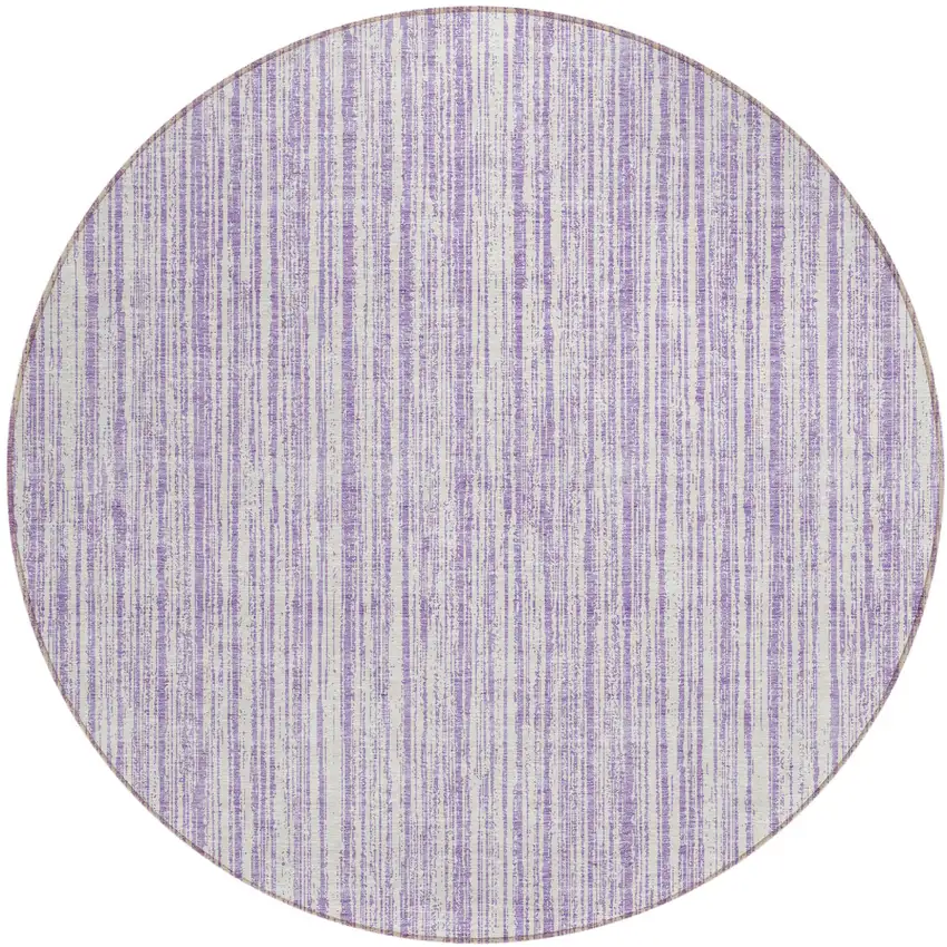8' Lavender And Ivory Round Striped Washable Indoor Outdoor Area Rug Photo 1