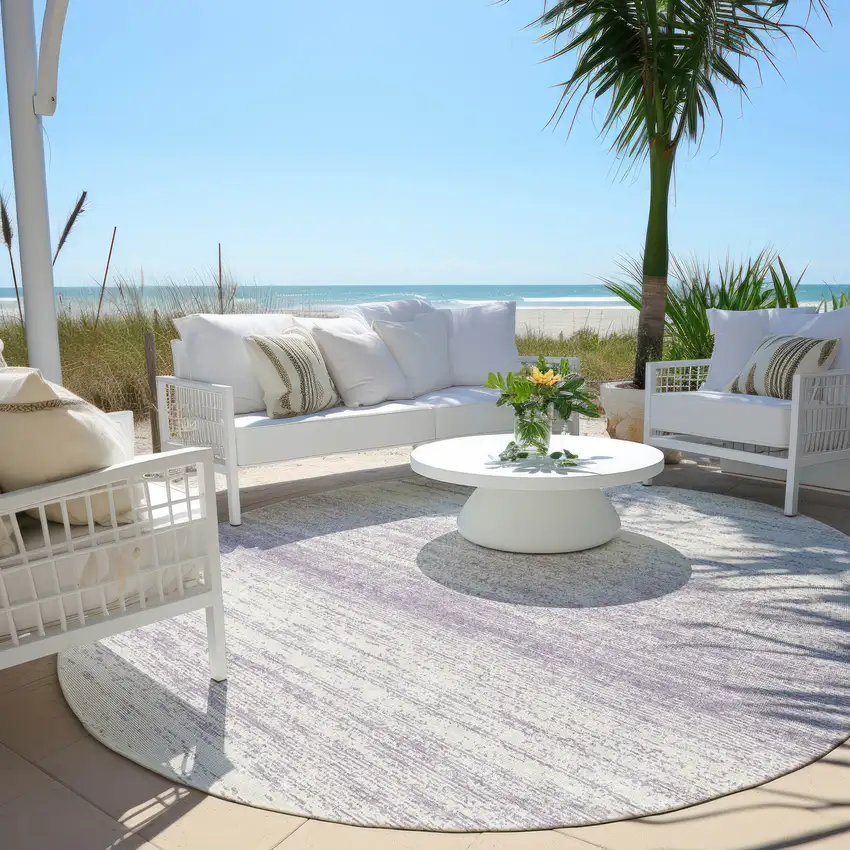 8' Lavender And Ivory Round Striped Washable Indoor Outdoor Area Rug Photo 6