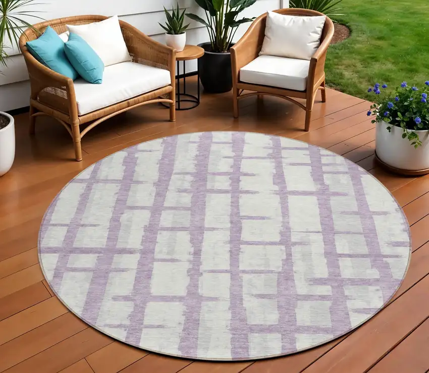 8' Lavender And Ivory Round Striped Washable Indoor Outdoor Area Rug Photo 1