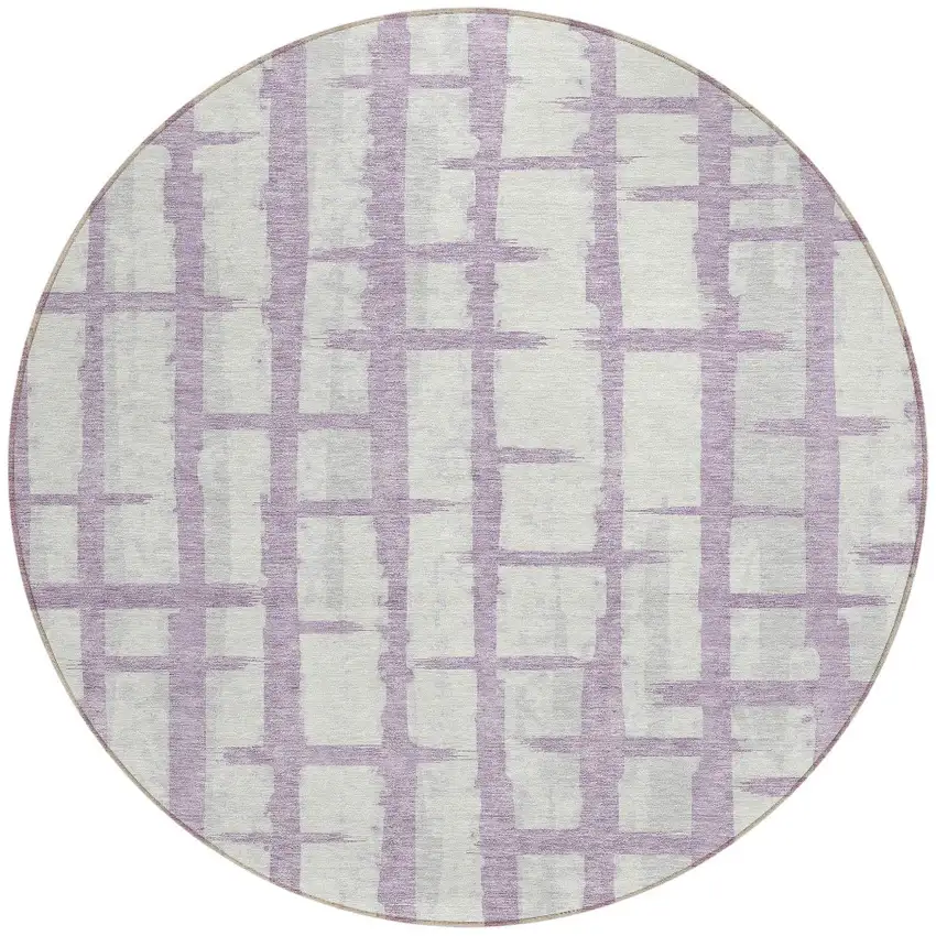 8' Lavender And Ivory Round Striped Washable Indoor Outdoor Area Rug Photo 5