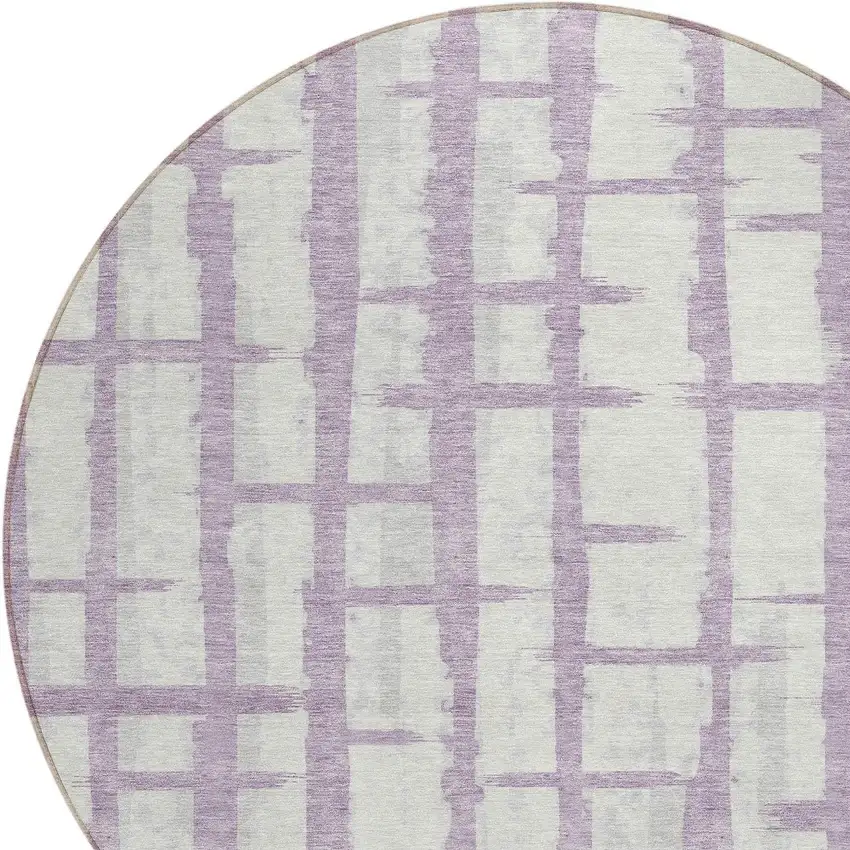 8' Lavender And Ivory Round Striped Washable Indoor Outdoor Area Rug Photo 4