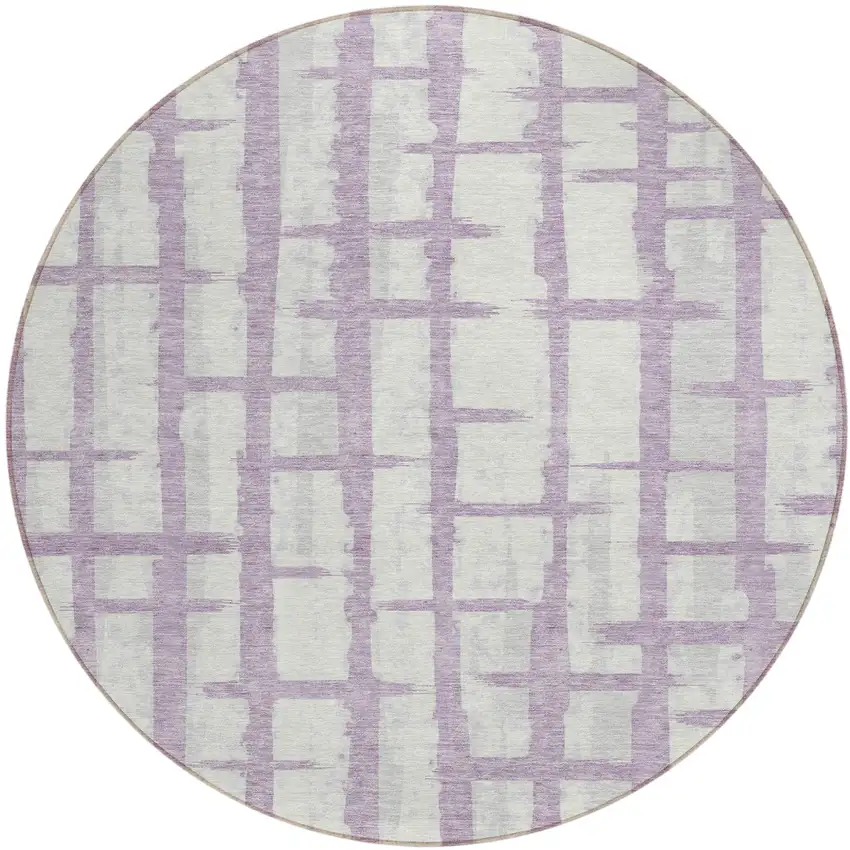 8' Lavender And Ivory Round Striped Washable Indoor Outdoor Area Rug Photo 2