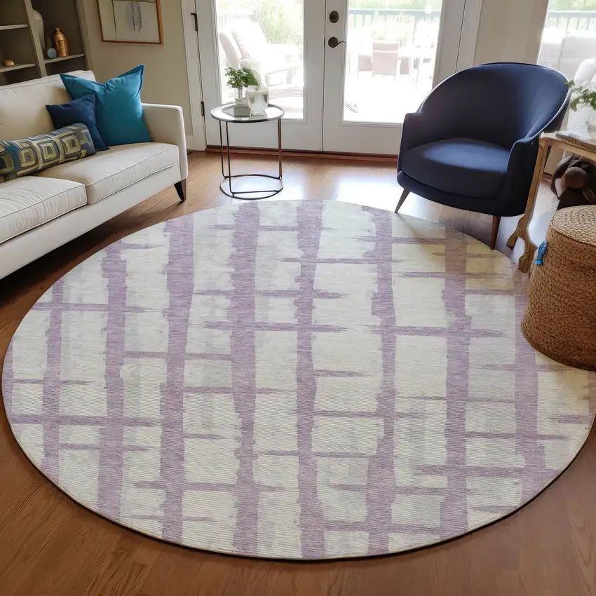 8' Lavender And Ivory Round Striped Washable Indoor Outdoor Area Rug Photo 7
