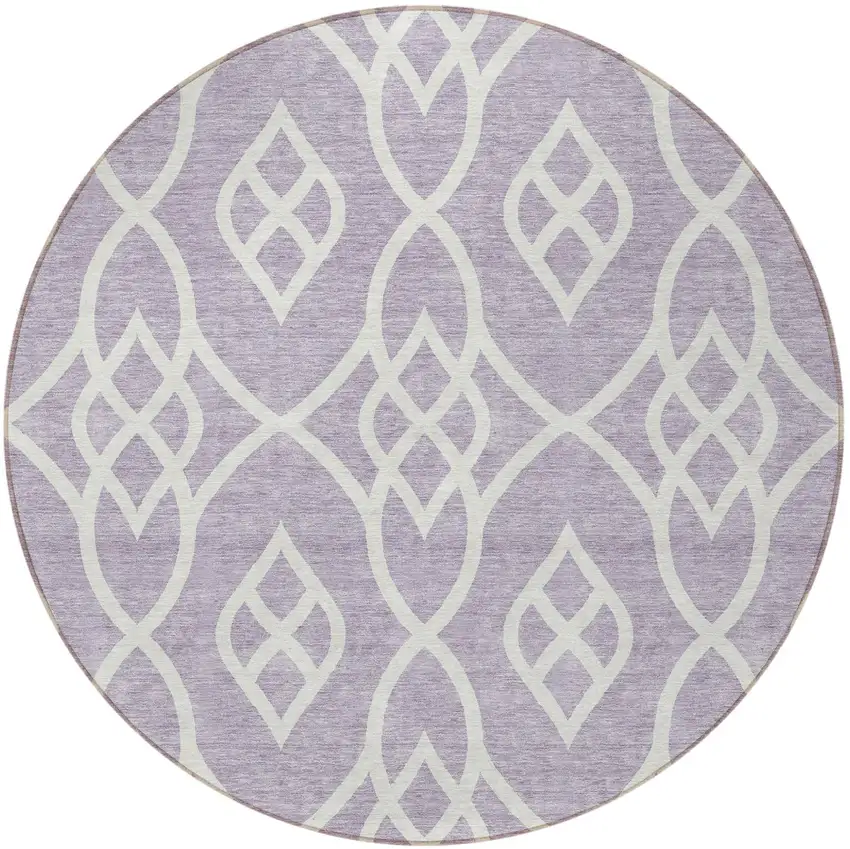 8' Lavender And Ivory Round Trellis Washable Indoor Outdoor Area Rug Photo 5