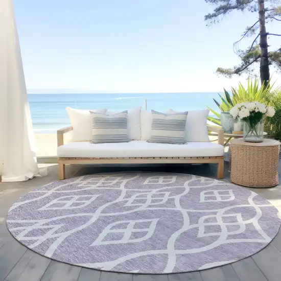 8' Lavender And Ivory Round Trellis Washable Indoor Outdoor Area Rug Photo 6