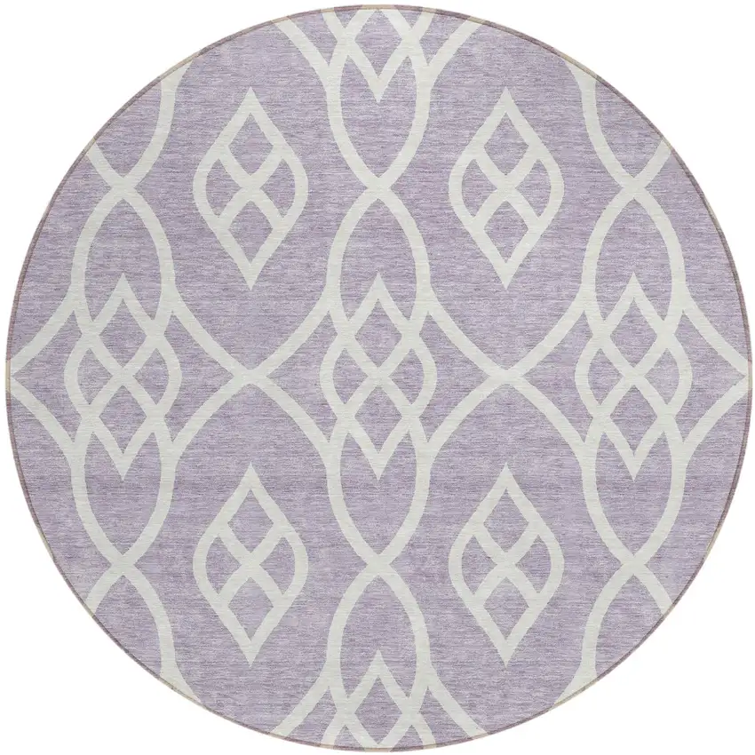 8' Lavender And Ivory Round Trellis Washable Indoor Outdoor Area Rug Photo 2