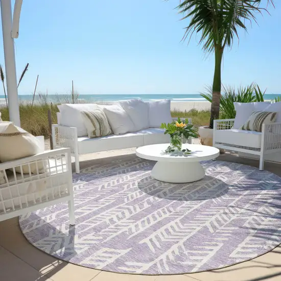 8' Lavender And Ivory Round Tribal Washable Indoor Outdoor Area Rug Photo 6