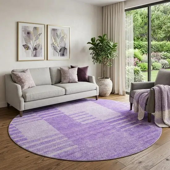 8' Lavender And Ivory Striped Washable Round Rug With UV Protection Photo 1