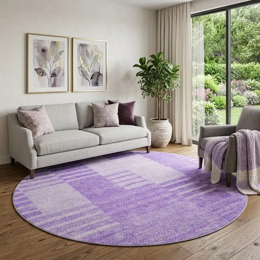 8' Lavender And Ivory Striped Washable Round Rug With UV Protection Photo 1