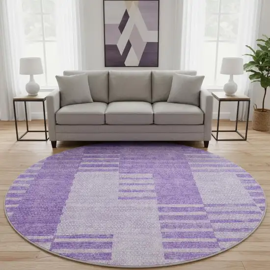 8' Lavender And Ivory Striped Washable Round Rug With UV Protection Photo 2