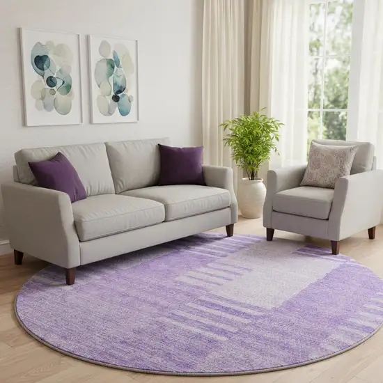 8' Lavender And Ivory Striped Washable Round Rug With UV Protection Photo 1