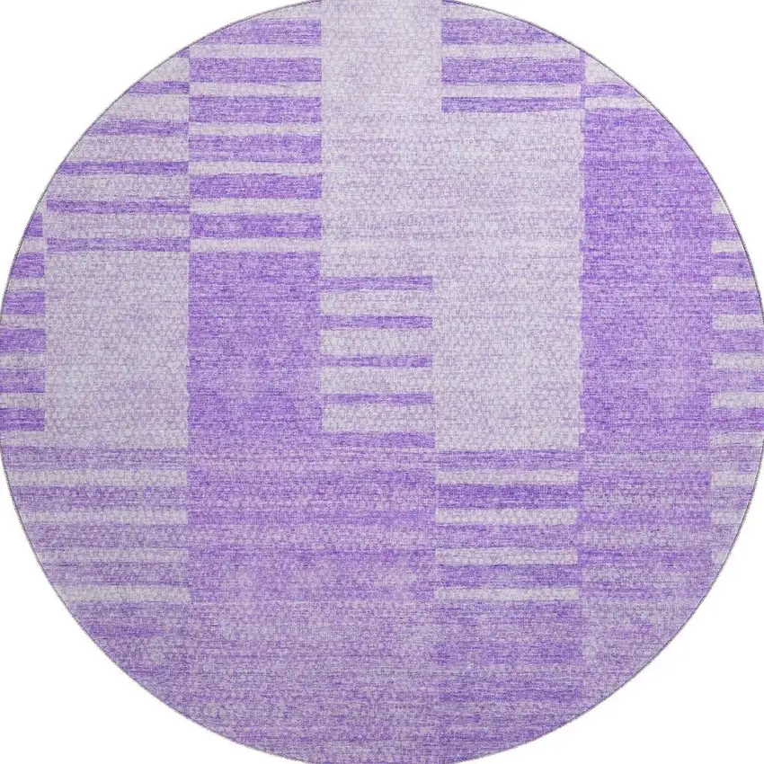 8' Lavender And Ivory Striped Washable Round Rug With UV Protection Photo 1