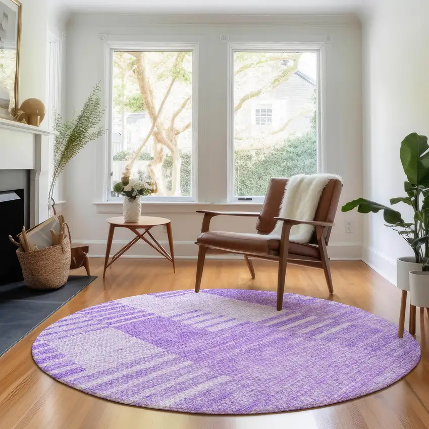 8' Lavender And Ivory Striped Washable Round Rug With UV Protection Photo 4