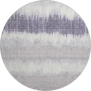 Photo of 8' Lavender And Ivory Striped Washable Round Rug With UV Protection