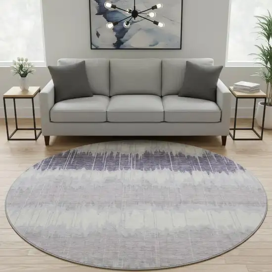 8' Lavender And Ivory Striped Washable Round Rug With UV Protection Photo 2