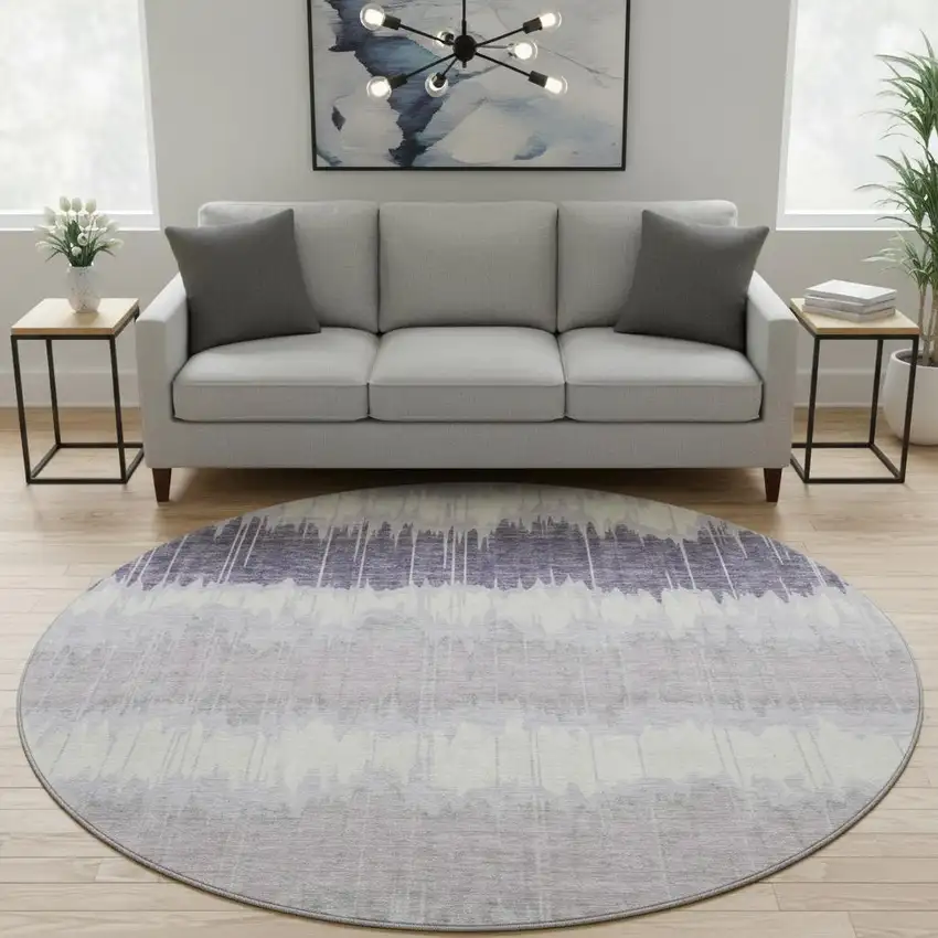8' Lavender And Ivory Striped Washable Round Rug With UV Protection Photo 2