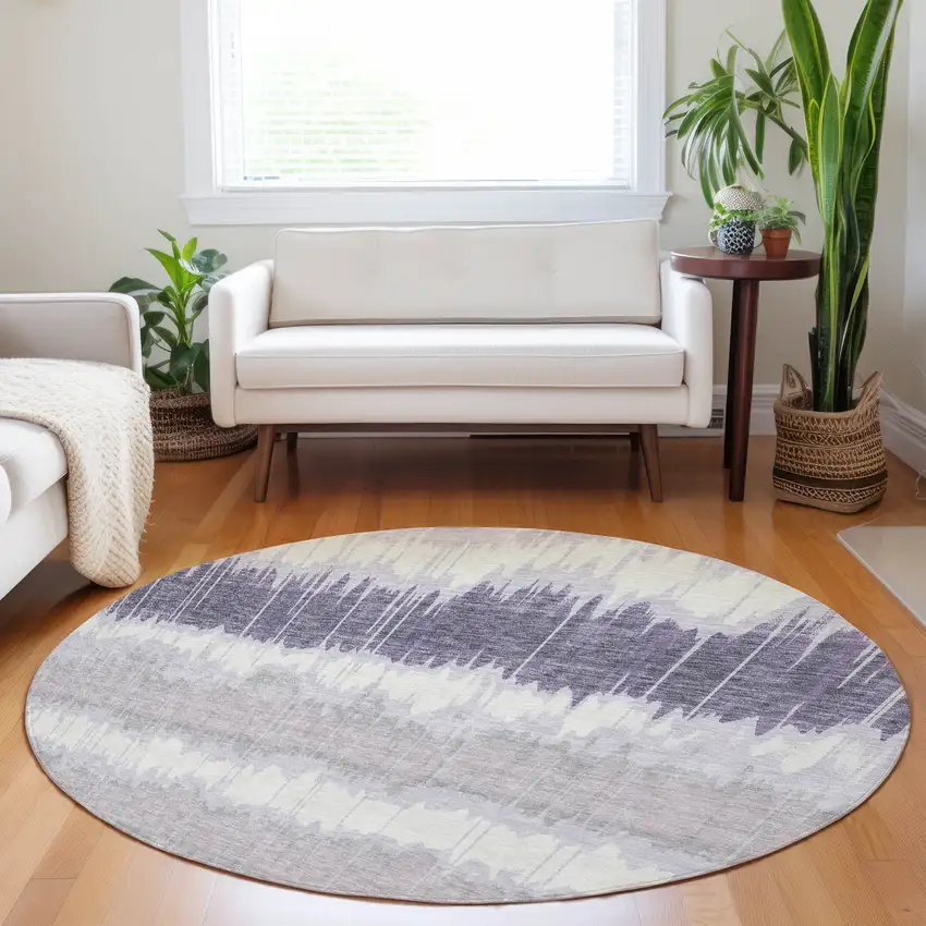 8' Lavender And Ivory Striped Washable Round Rug With UV Protection Photo 5